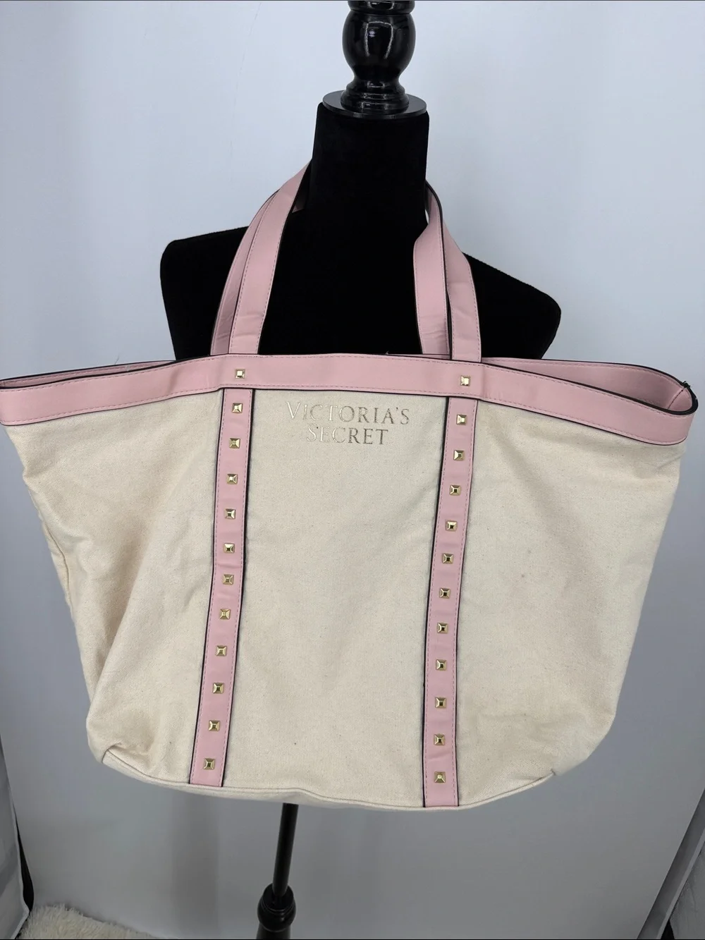 Victoria's Secret Cream Canvas Tote with Pink Trim & Studs